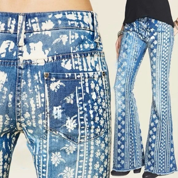 Free People Indigo and White Patterned Flare Jeans - Picture 2 of 16